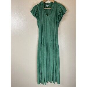 Current Air M Green Dress Satin Midi Drop Waist 70s Pleated Jacquard Zoey Ruffle
